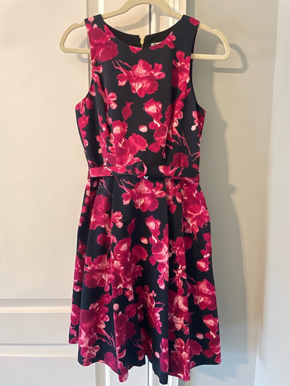 Eliza J Black Midi Dress with Pink Floral Print and Belt